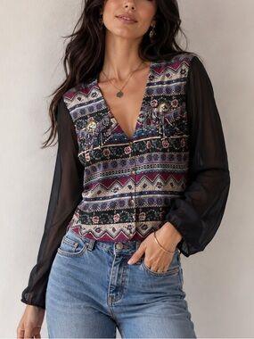 Vtg Ozark Mountain Western style Top Sheer sleeves Womens size L